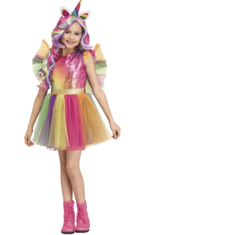 Unicorn Rainbow Halloween Costume 4/6 Sequin Dress, Wings, Tail, Headband Girl